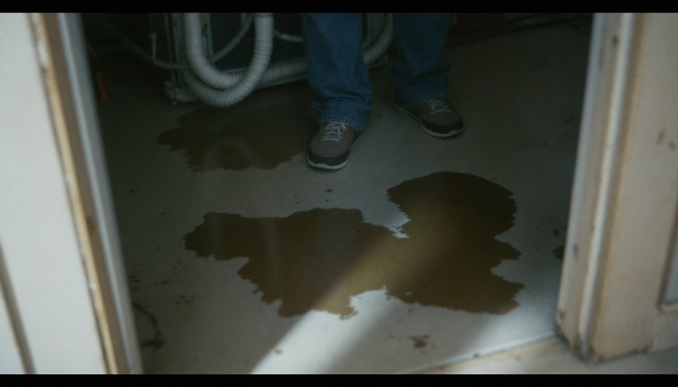 Water stain and puddle on a floor beneath an indoor air handler in a residential closet