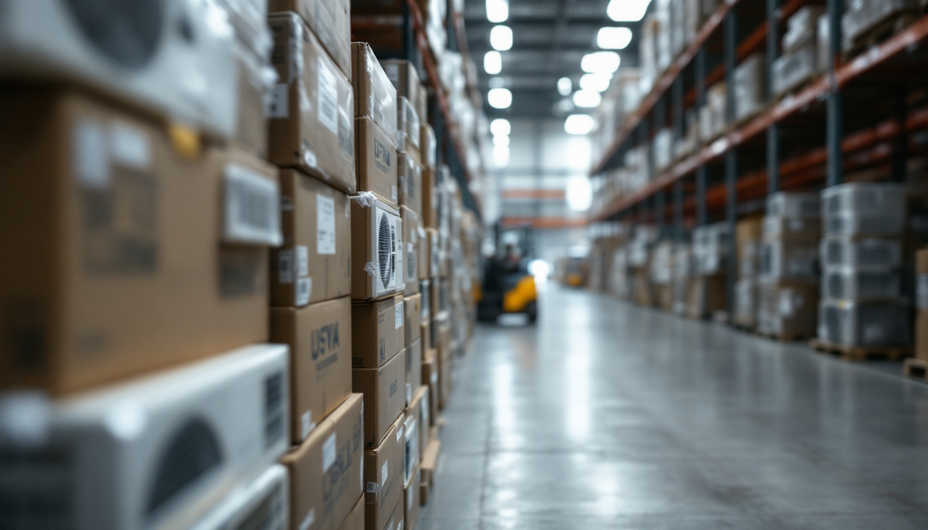 Boxed residential air conditioning condensing units stacked in an HVAC distribution warehouse