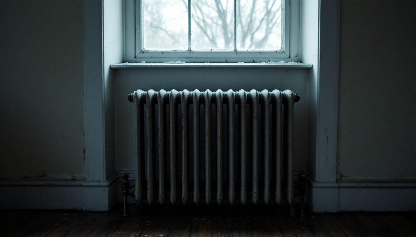 Cast iron radiator under a window in a period house with wooden floorboards