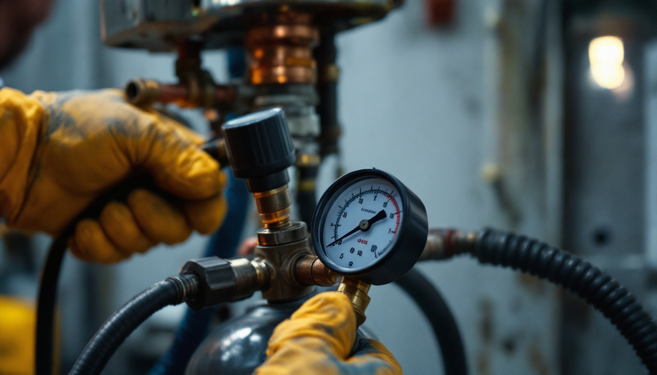 Refrigerant gauge manifold connected to a residential air conditioner service port with copper line sets visible