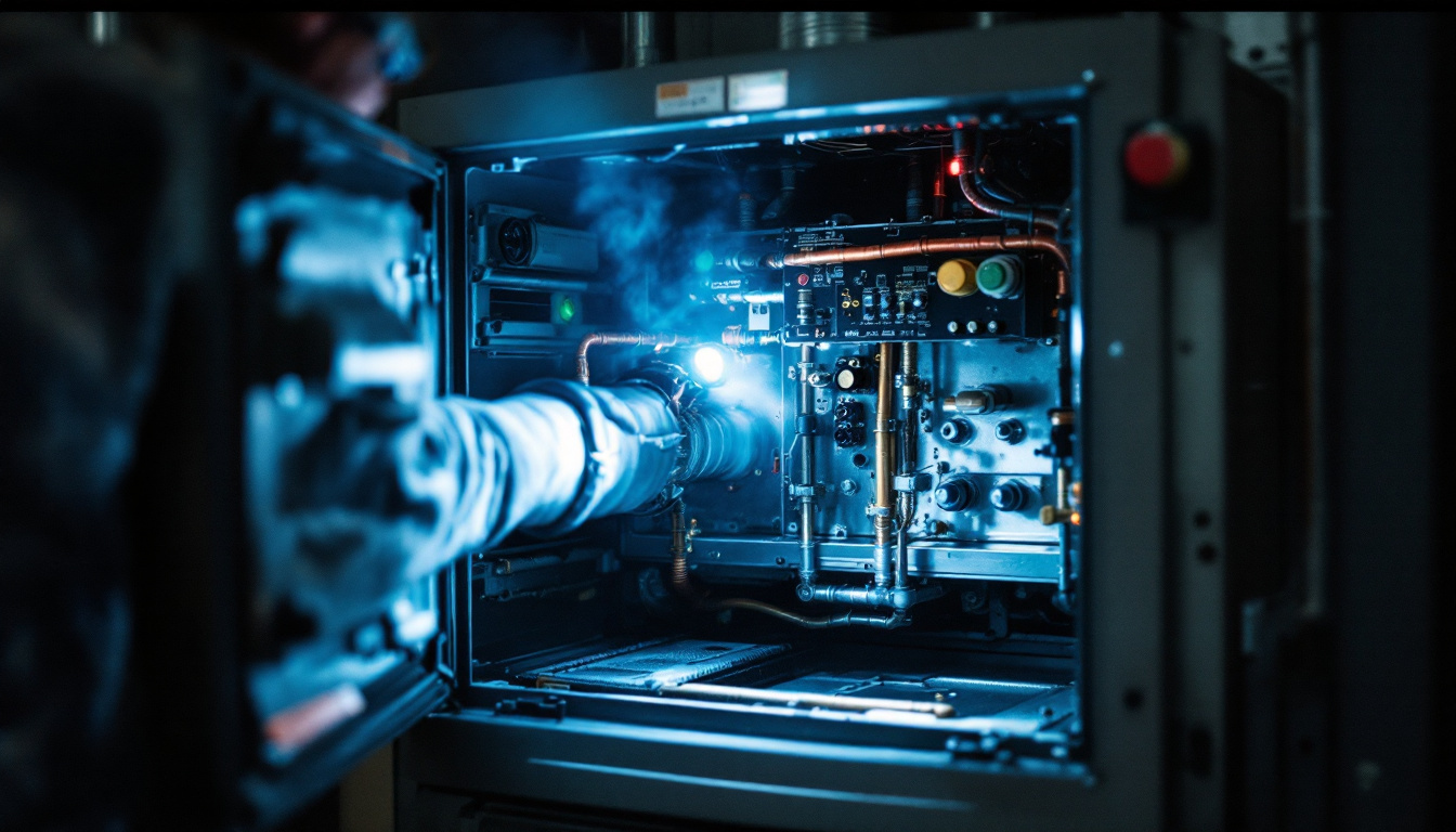 Open gas furnace cabinet showing burners, igniter and control board
