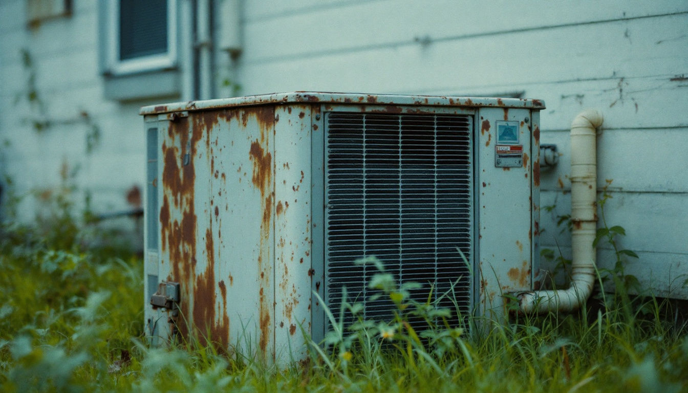 Ageing weathered residential air conditioning condenser unit beside a house