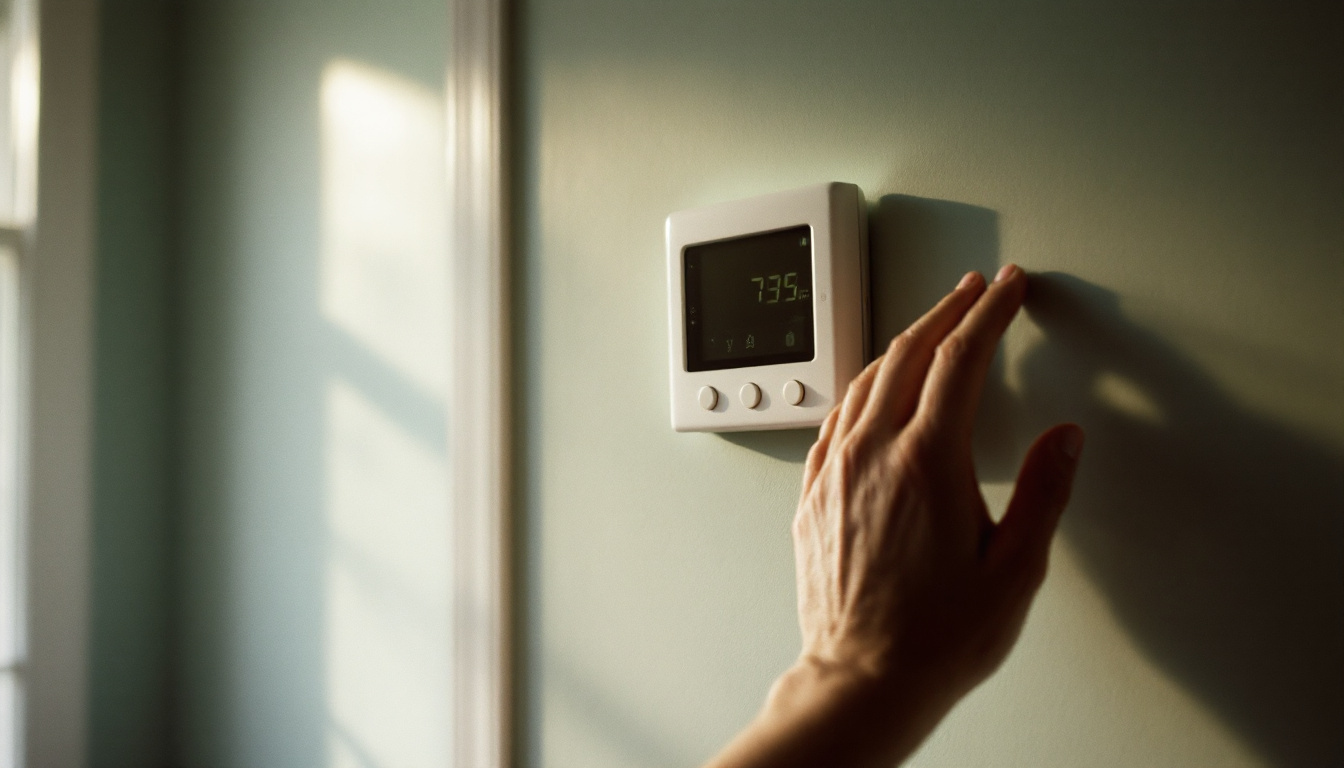 A wall thermostat on an interior wall with a hand reaching toward it