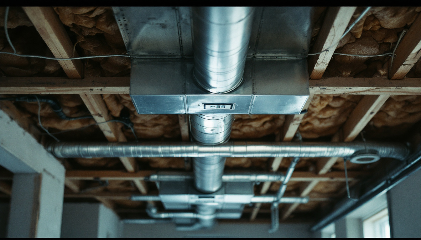 Sheet metal ductwork trunk and branch runs in an unfinished basement ceiling