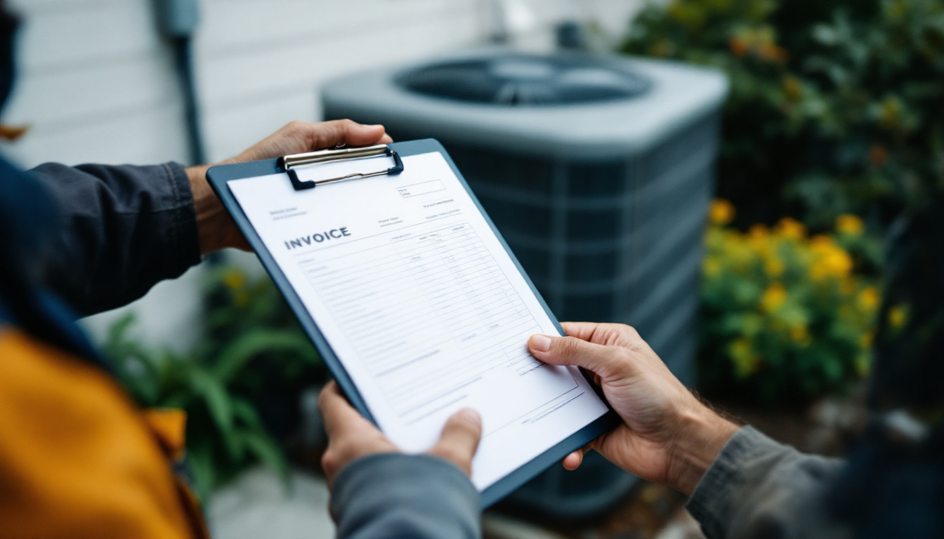 Technician holding an invoice beside a residential outdoor air conditioning condenser unit in a suburban yard