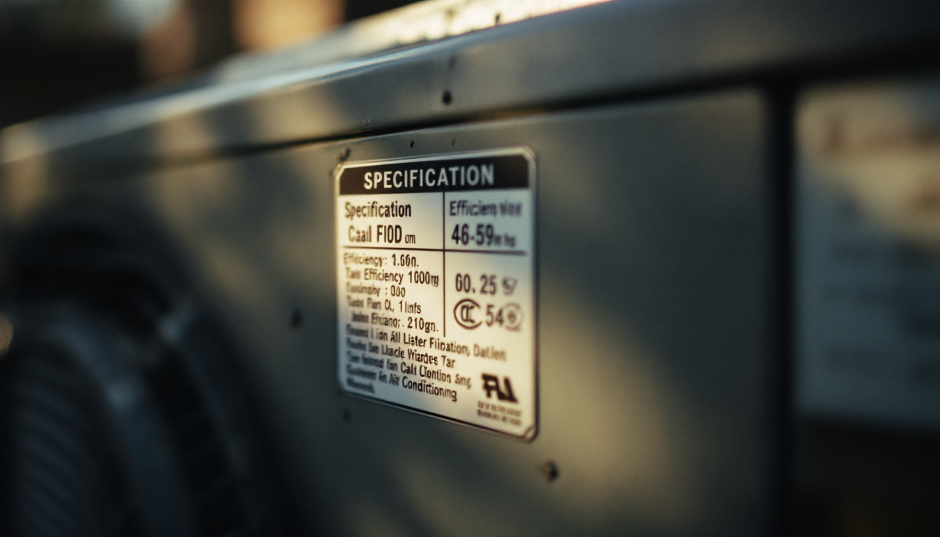 Efficiency rating label on the side of a new outdoor air conditioning condenser unit