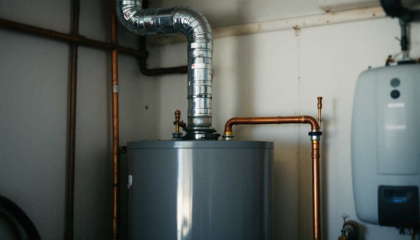 Residential gas storage water heater in a garage with flue pipe and copper connections