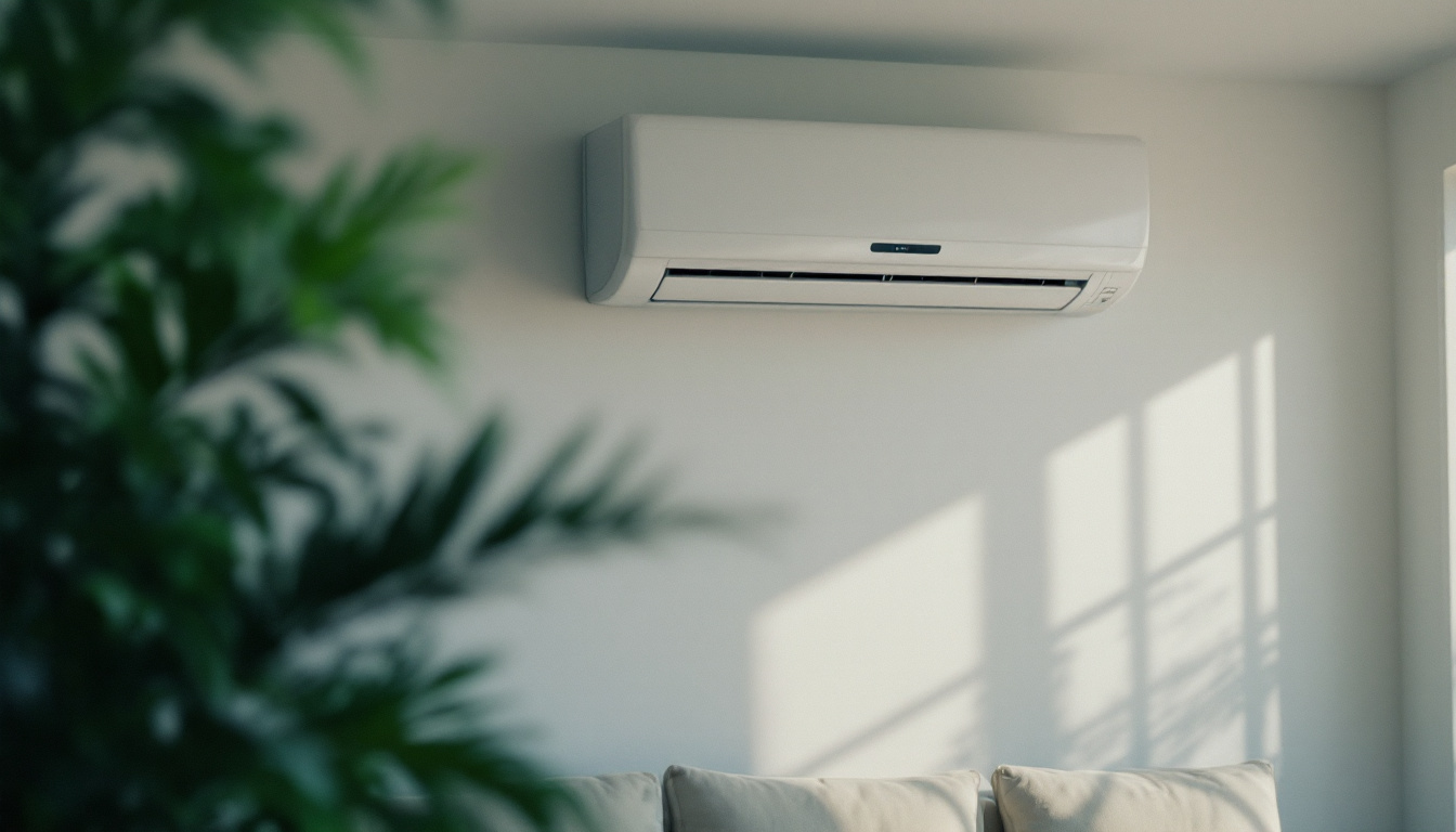 Wall-mounted ductless mini split indoor head in a bright modern living room