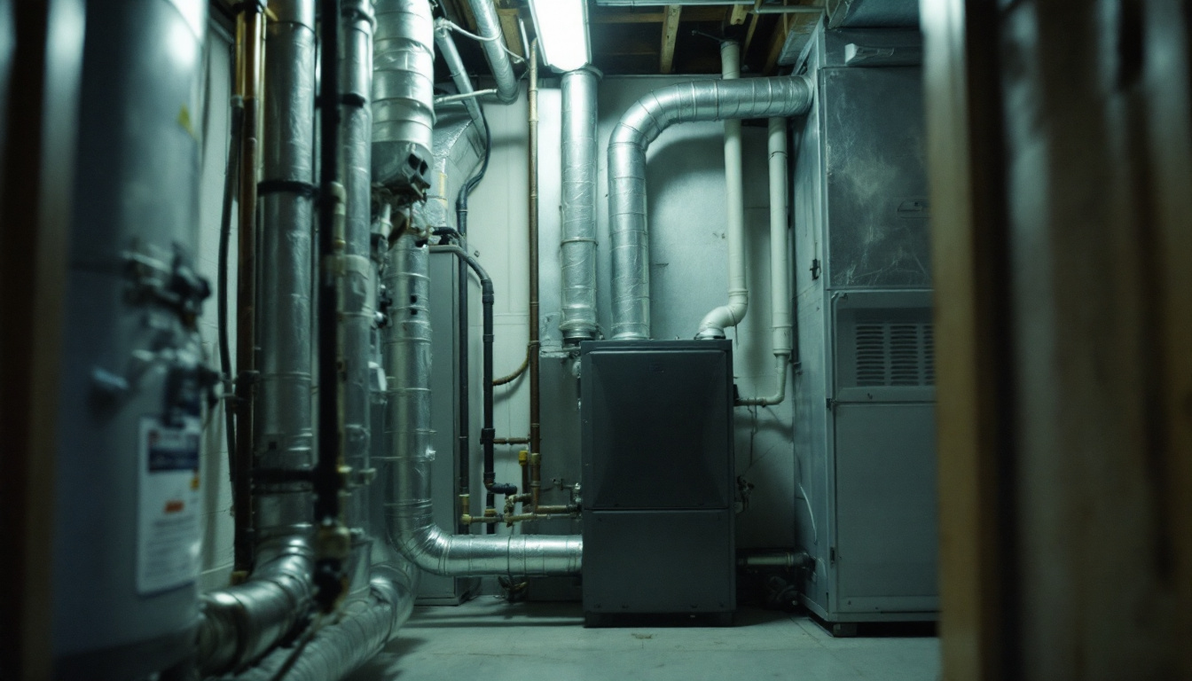 Residential basement utility room with a gas furnace, ductwork and air handler