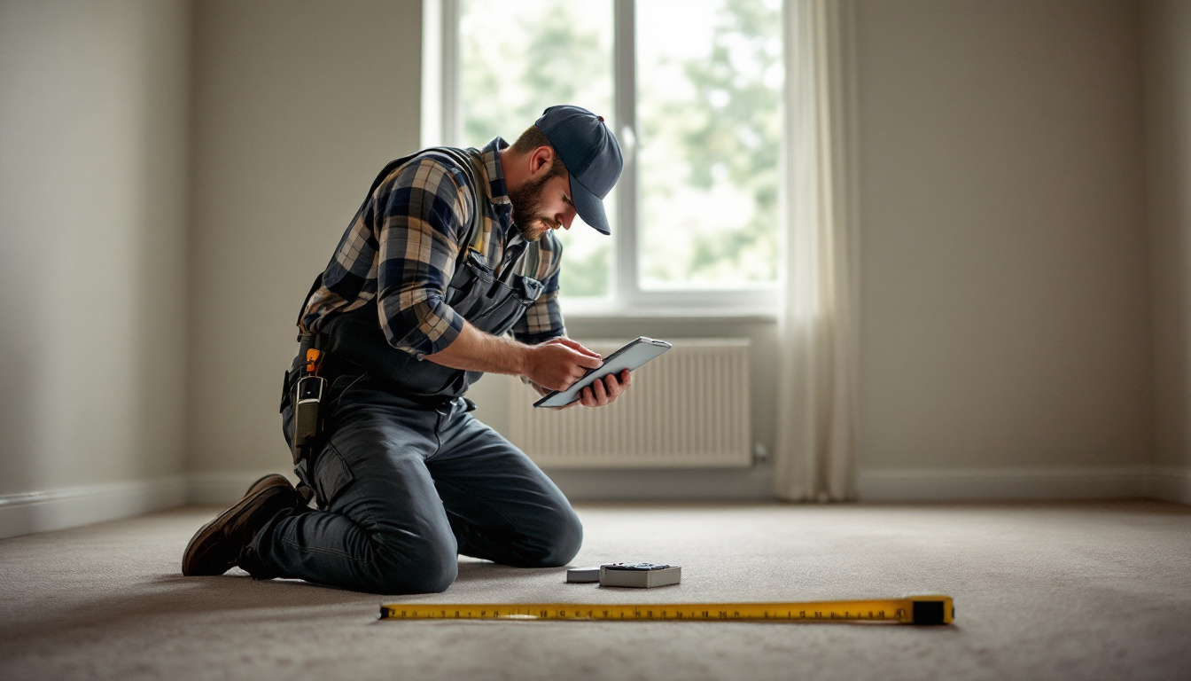 HVAC technician with a tablet and tape measure taking measurements in an empty room