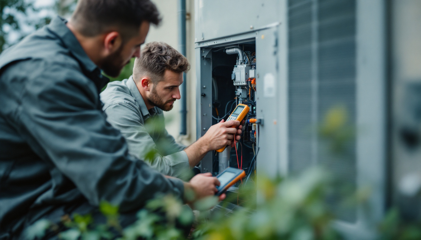 A technician testing electrical components inside an open outdoor air conditioner unit