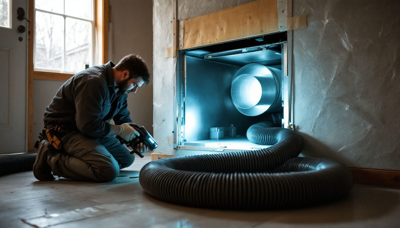 HVAC technician inspecting the inside of a sheet metal trunk duct during an air duct cleaning job in a basement