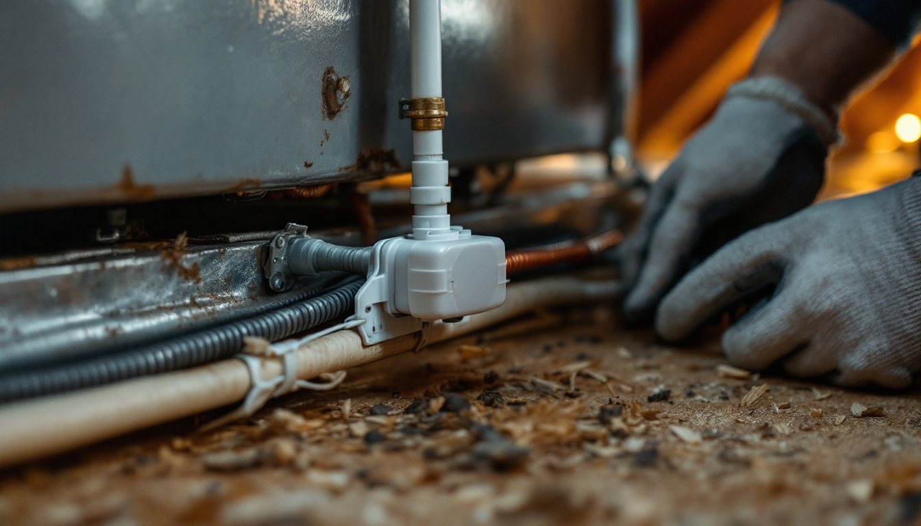 Technician kneeling beside a horizontal air handler in an attic during air handler installation, with the unit set in an auxiliary drain pan
