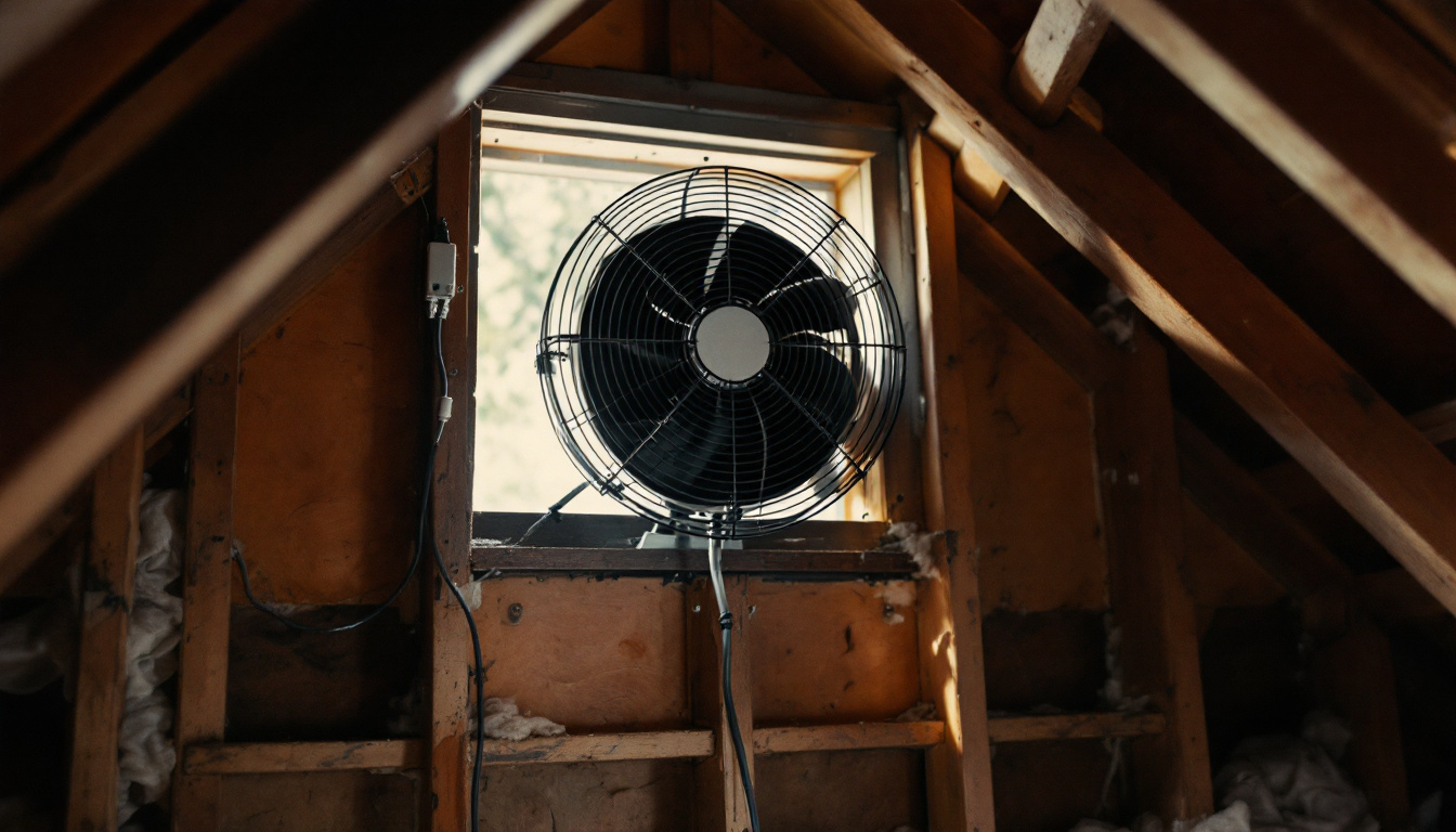 Contractor kneeling beside a roof mounted exhaust fan during an attic fan installation, with soffit intake and rafter baffles visible at the eave