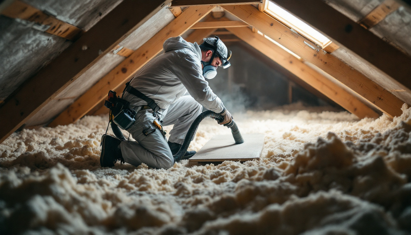 Installer blowing loose-fill insulation across attic joists to reach the recommended attic insulation R value