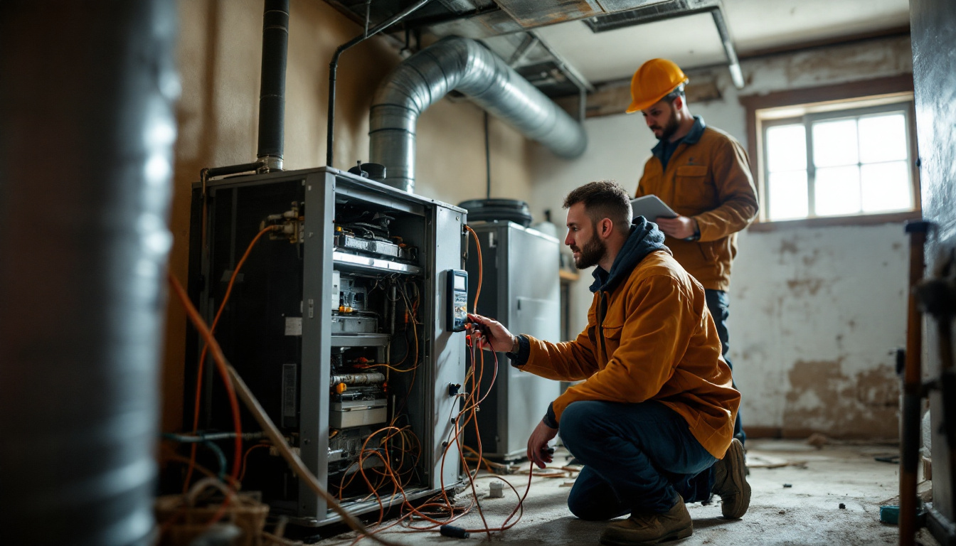 Technician testing the electric resistance elements that provide auxiliary heat inside a heat pump air handler