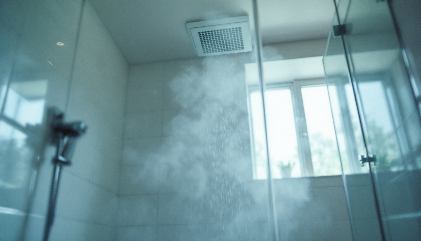 Technician measuring the airflow of a ceiling bathroom exhaust fan with a flow hood in a steamy residential bathroom