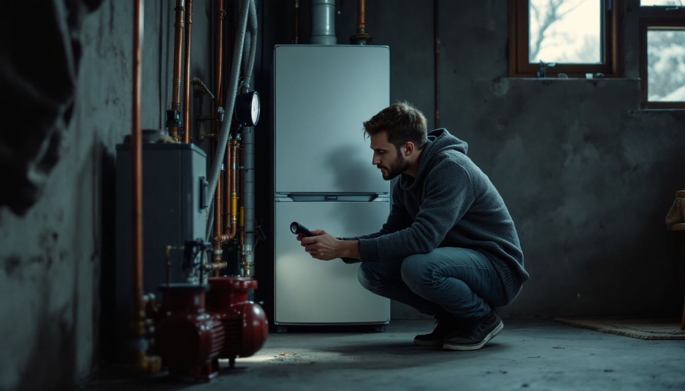 Homeowner checking the pressure gauge on a residential boiler that is not working in a cold basement