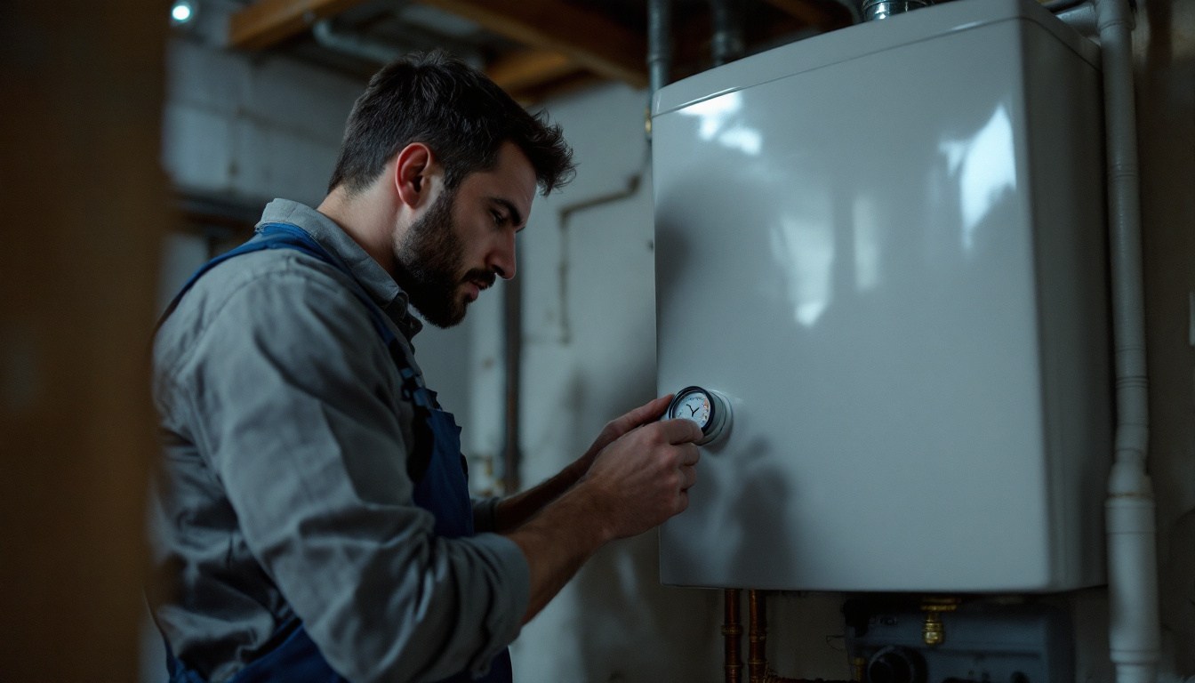 A technician checking the pressure gauge and relief valve on a residential boiler