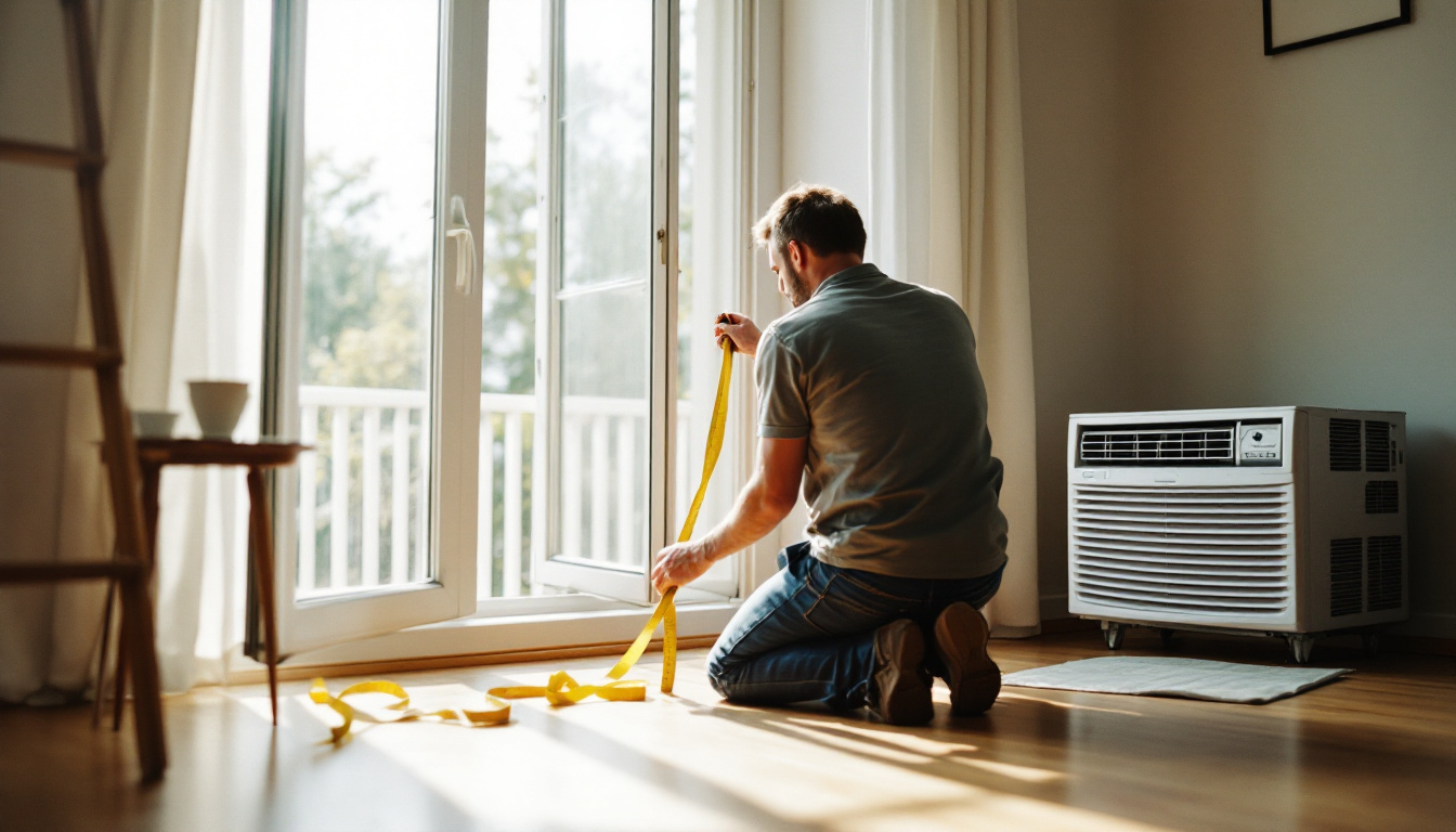 Homeowner measuring a bedroom window before using a BTU calculator to size a window air conditioner