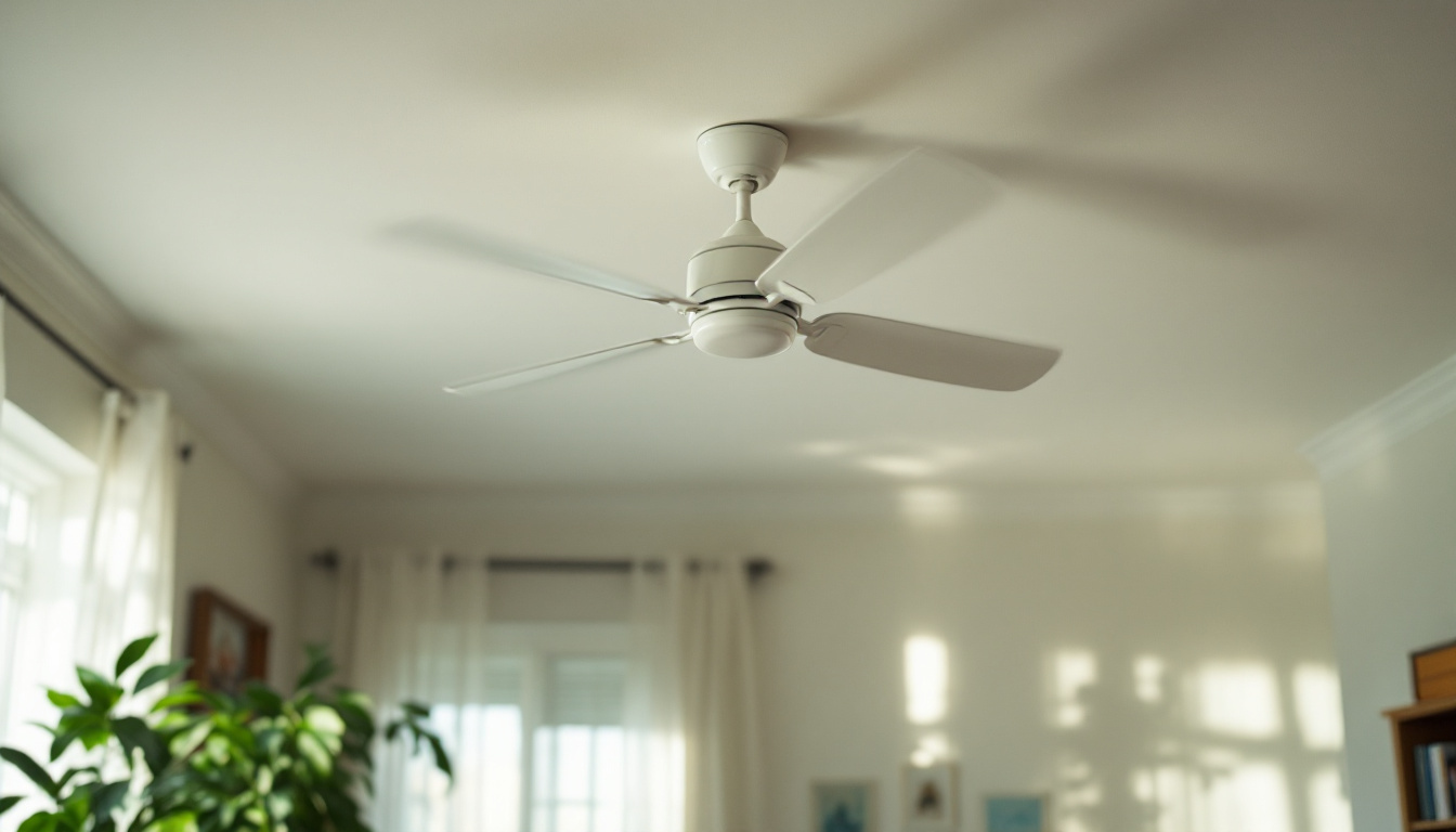 Ceiling fan turning above a living room sofa, showing ceiling fan direction for a summer breeze