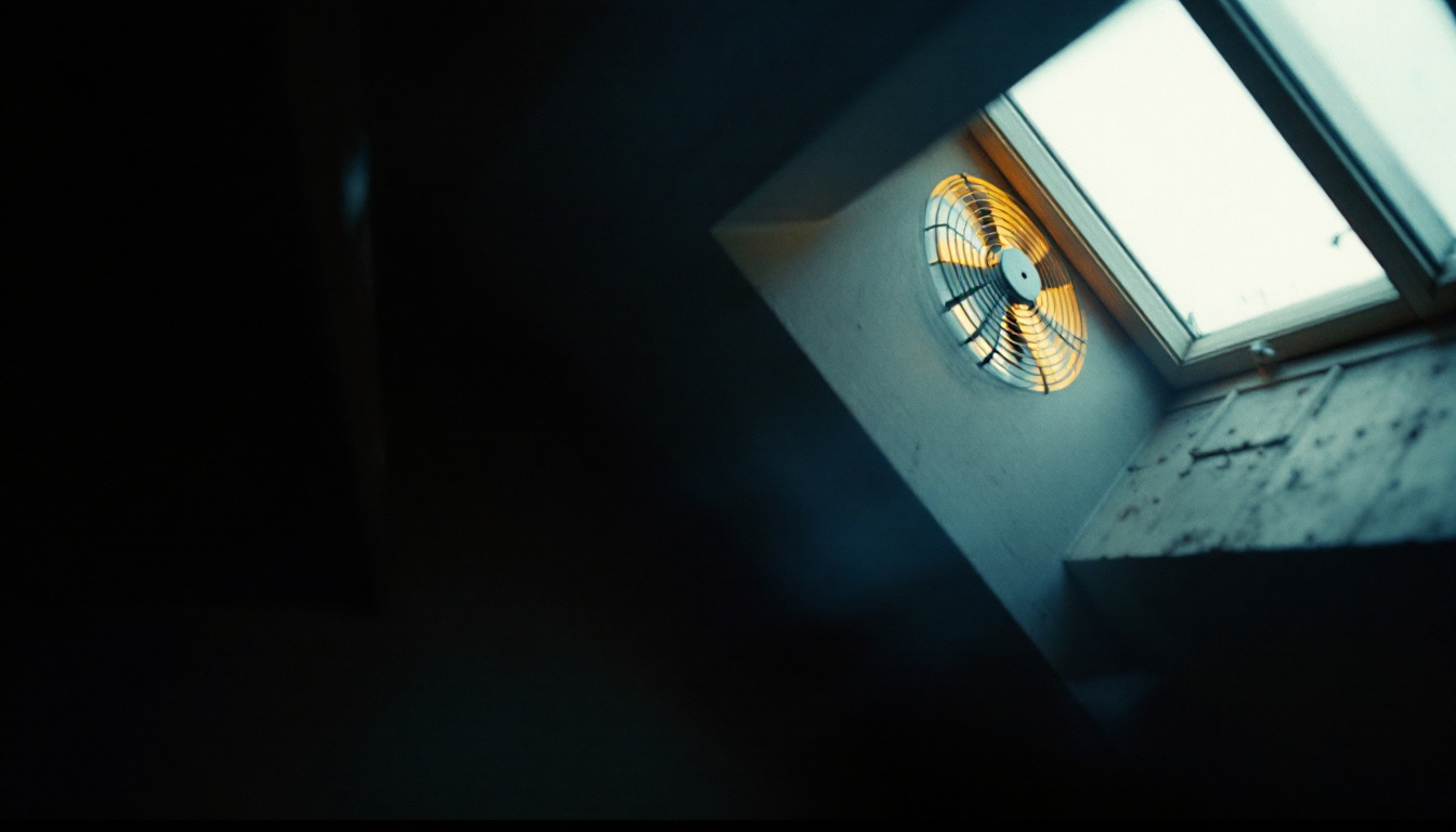A gable-mounted attic ventilation fan seen from inside a dim attic