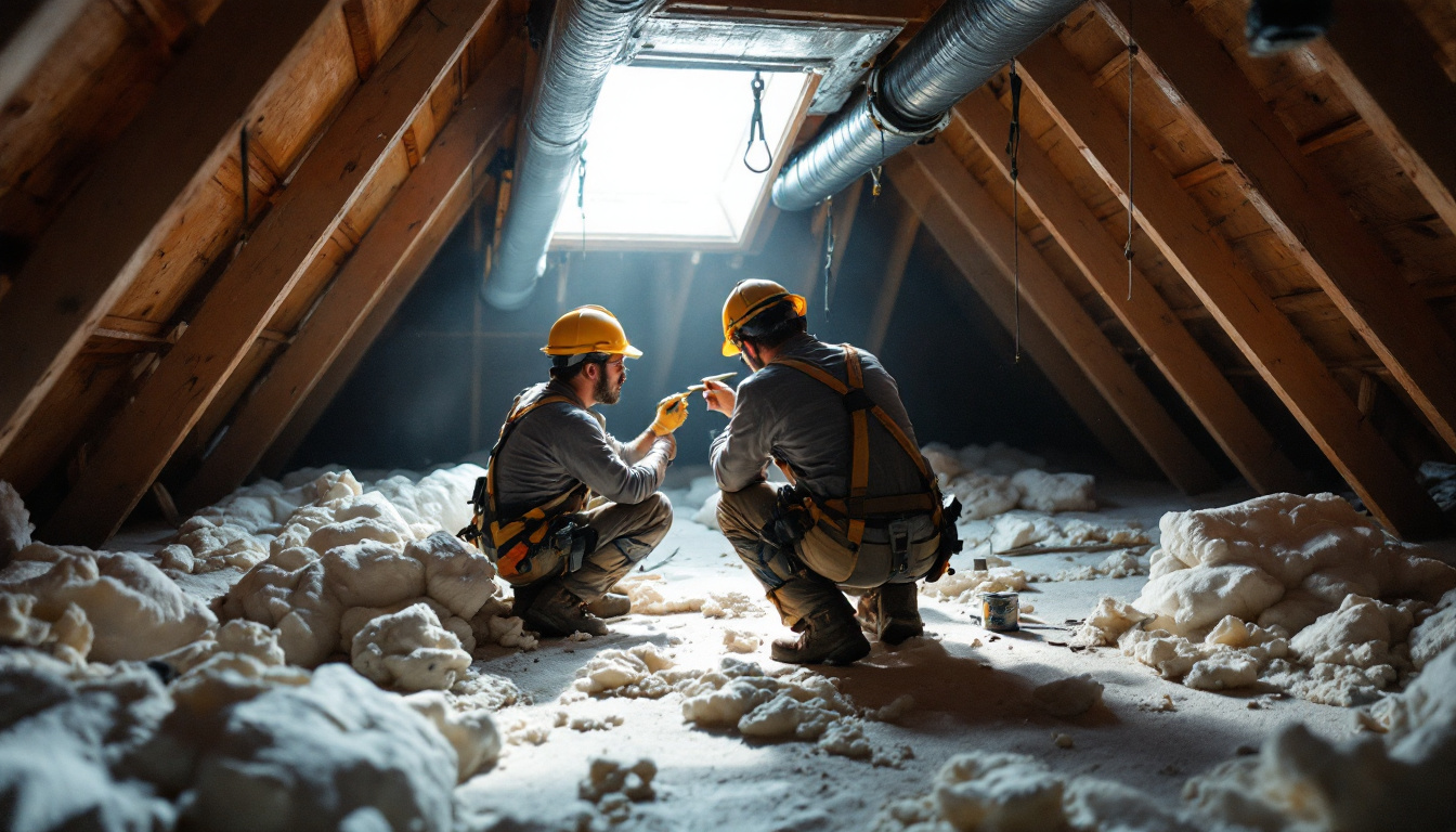 Two installers sealing a collar joint with mastic during a ductwork installation in an unfinished attic