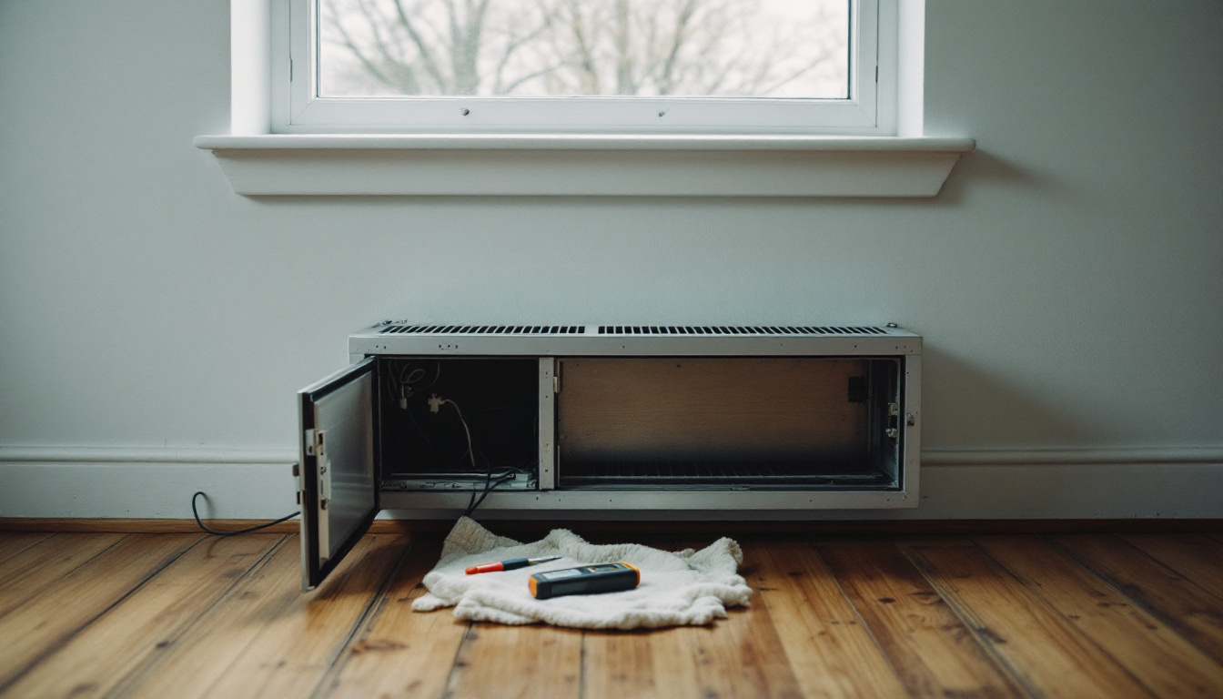 Technician working on an electric baseboard heater mounted under a window in an older apartment bedroom