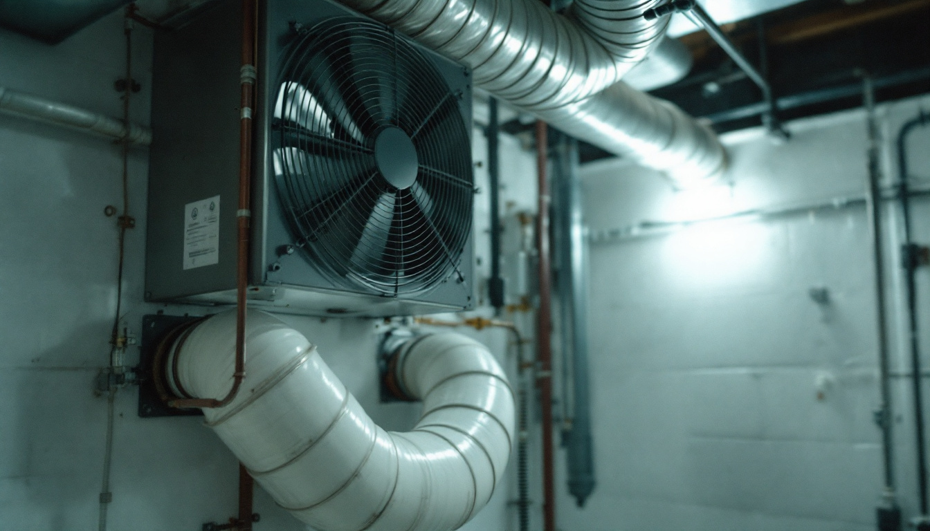 An energy recovery ventilator with insulated ducts in a basement mechanical room