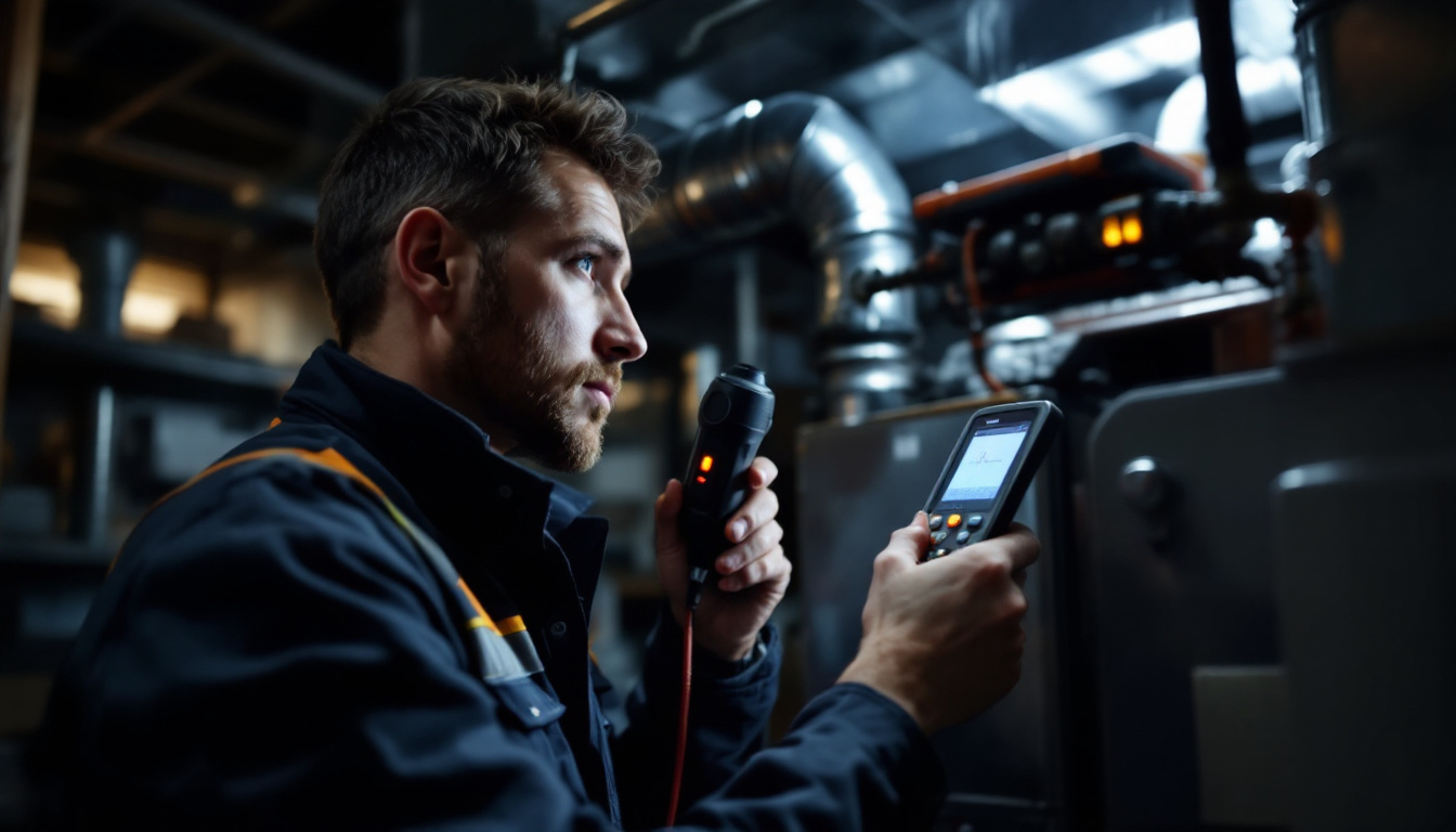 A technician holding a combustion analyzer probe at a gas furnace flue pipe