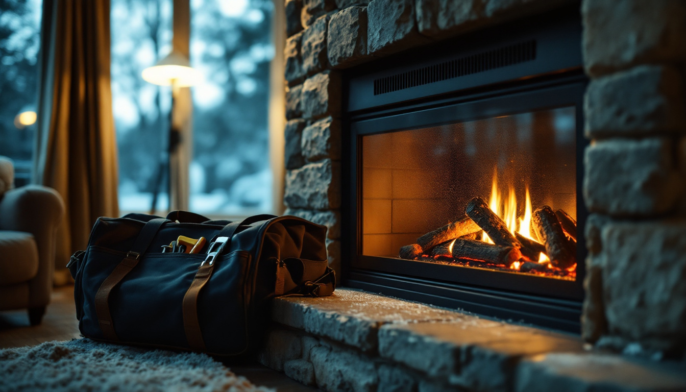 A direct vent gas fireplace with a sealed glass front burning in a family room, a service tool bag on the hearth