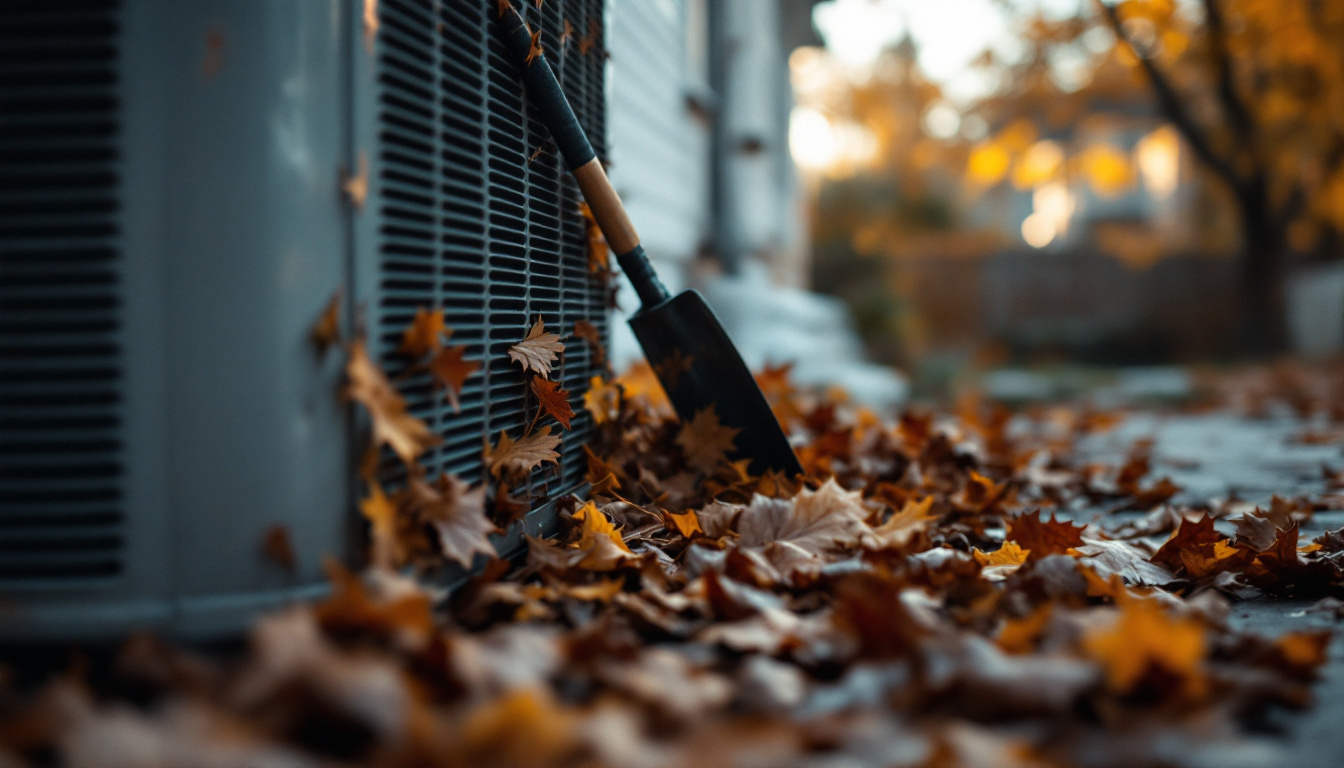 A homeowner clearing autumn leaves from around an outdoor heat pump unit