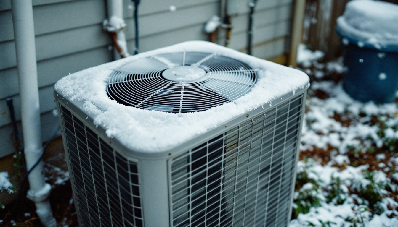 Residential outdoor heat pump unit in winter with frost on the coil