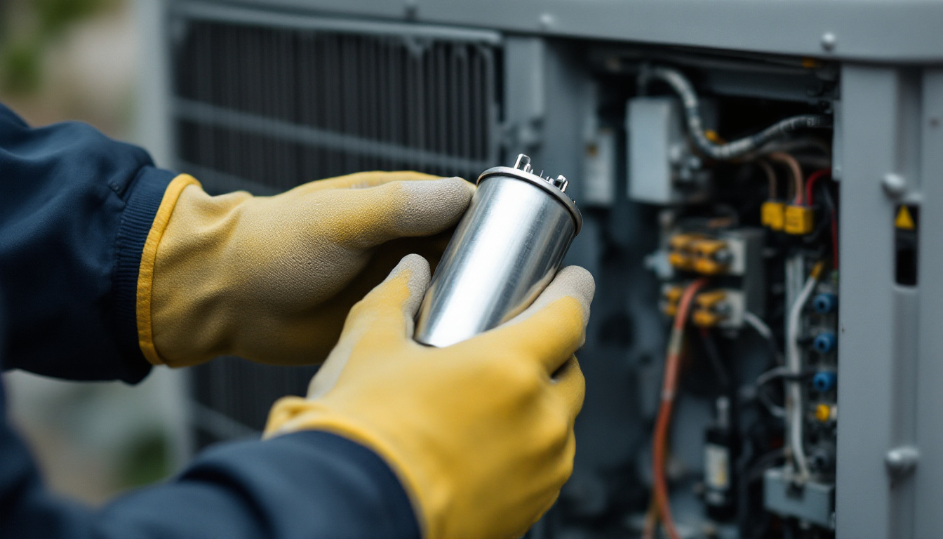 A technician holding a motor run capacitor beside the open panel of an outdoor AC unit