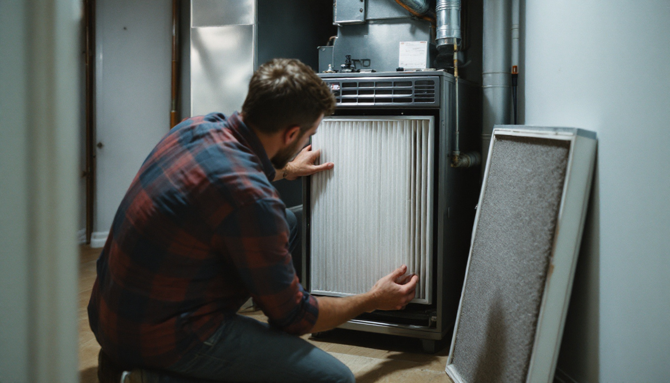 Homeowner sliding a new pleated filter into a furnace slot, a routine step in caring for HVAC filters