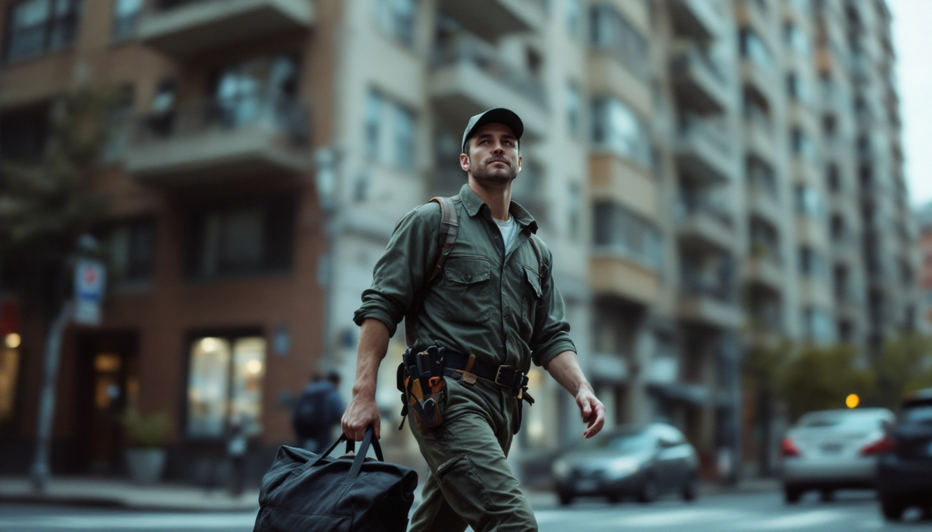 An HVAC technician carrying a tool bag across a city street