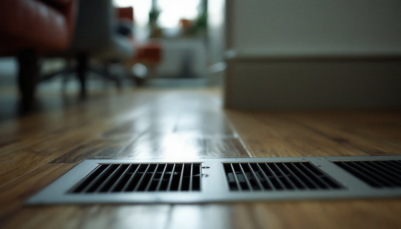 A metal floor supply register and a wall return air grille in a living room