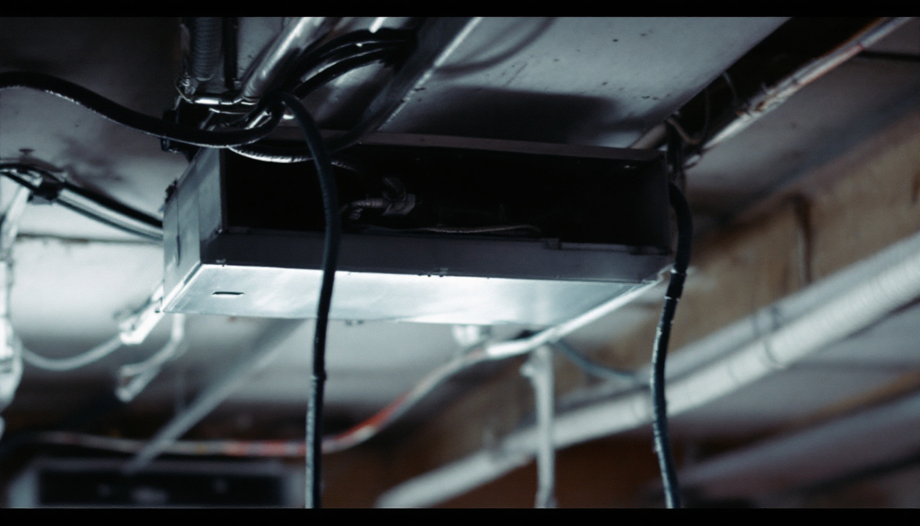 Motorised duct dampers on sheet metal branch ducts in a basement ceiling