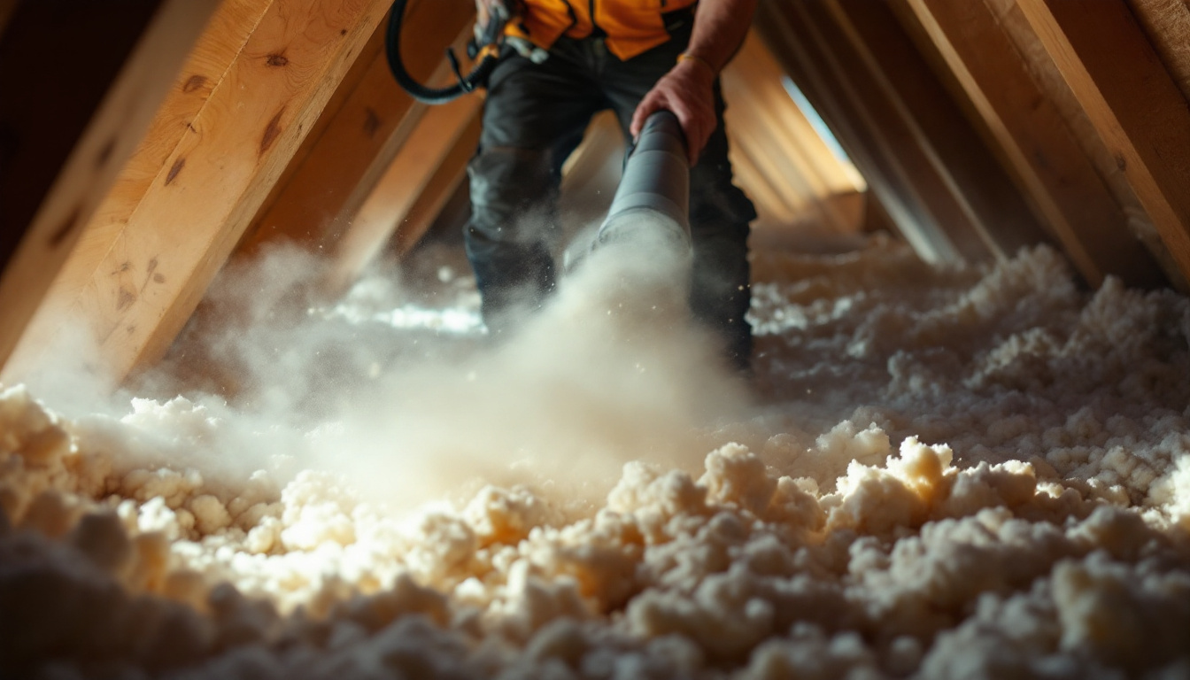 A contractor blowing loose fill insulation across an attic floor