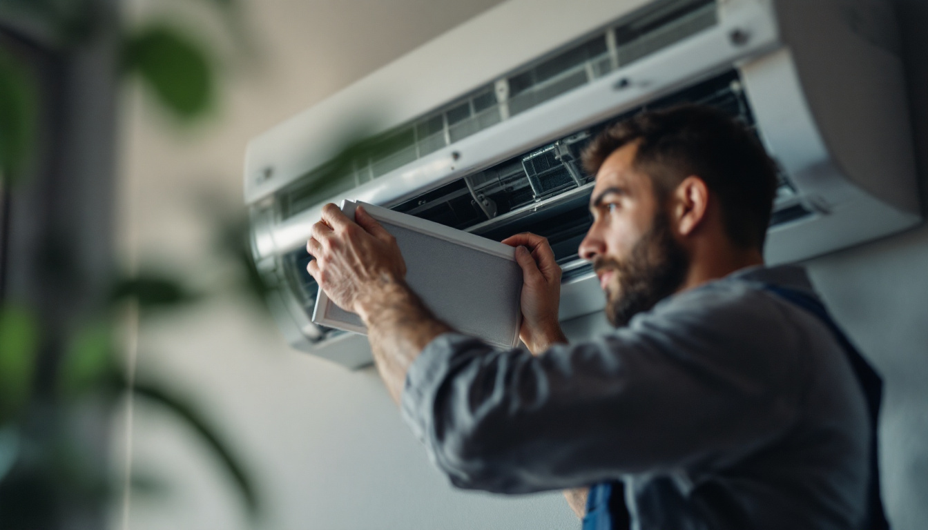 A technician removing and cleaning the filter of a wall-mounted ductless mini split