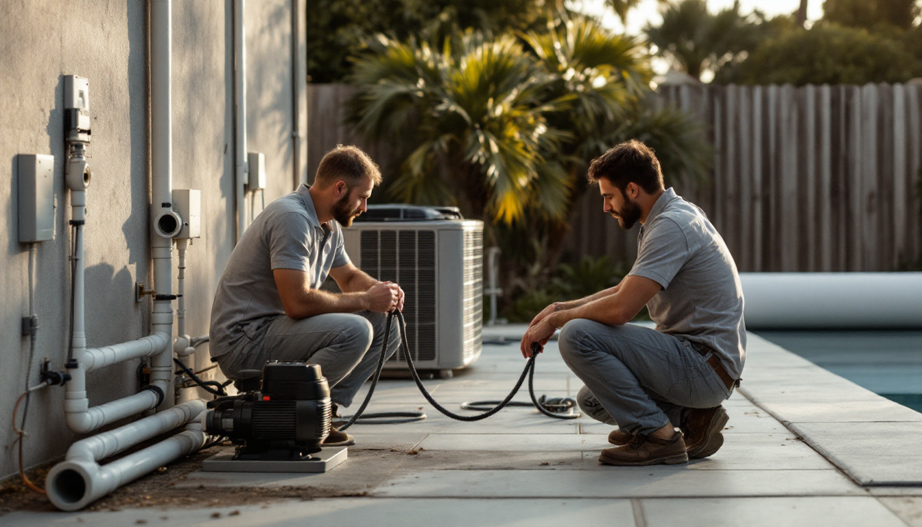 Technician checking plumbing on a heat pump pool heater beside a backyard pool equipment pad