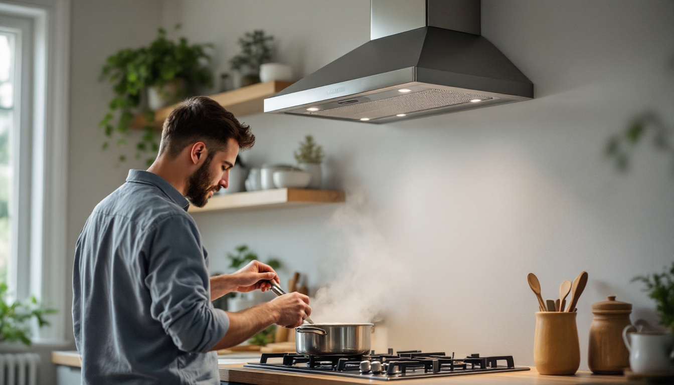 Ducted range hood running over a gas cooktop while a pot simmers on a back burner