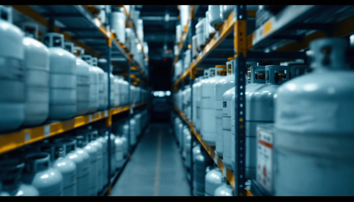 Rows of unlabelled refrigerant cylinders on shelving in an HVAC supply warehouse