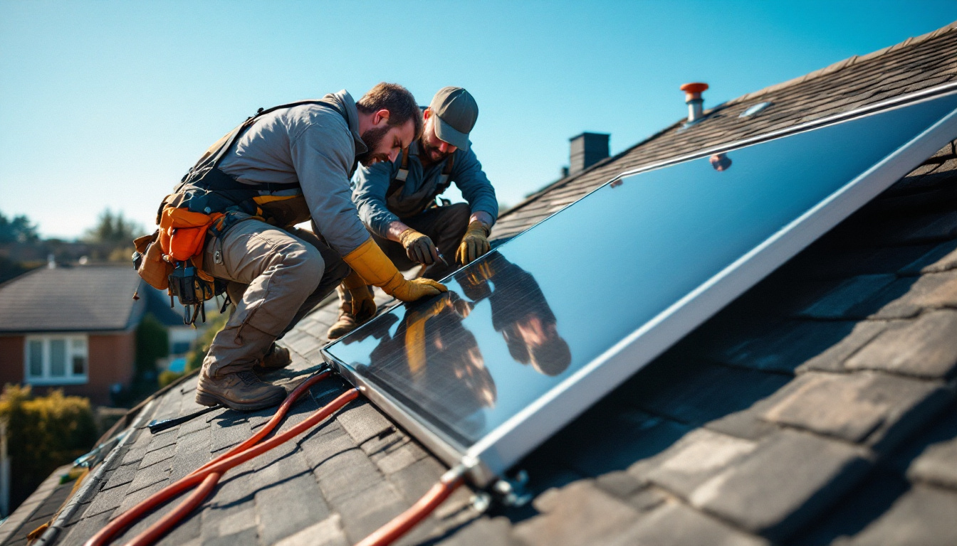 Installers mounting a flat plate collector for a solar water heater on a residential roof