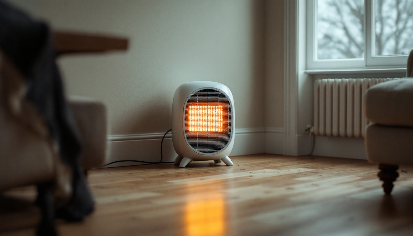 A portable electric space heater running on the floor of a cold home office, placed well clear of furniture and bedding