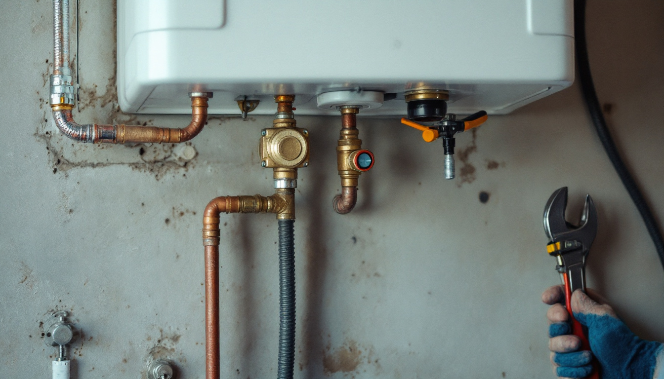 Plumber inspecting the pipe connections on a wall-mounted gas tankless water heater in a basement utility room