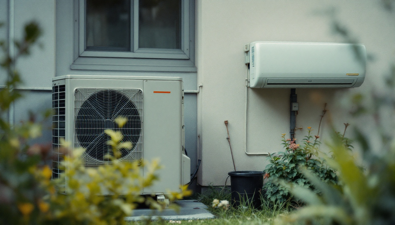 A residential condensing unit and a wall-mounted mini split head in one scene
