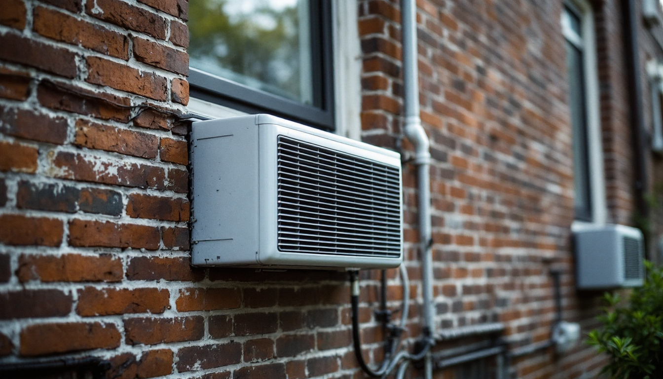 Technician installing a wall air conditioner chassis into a sleeve in an exterior bedroom wall