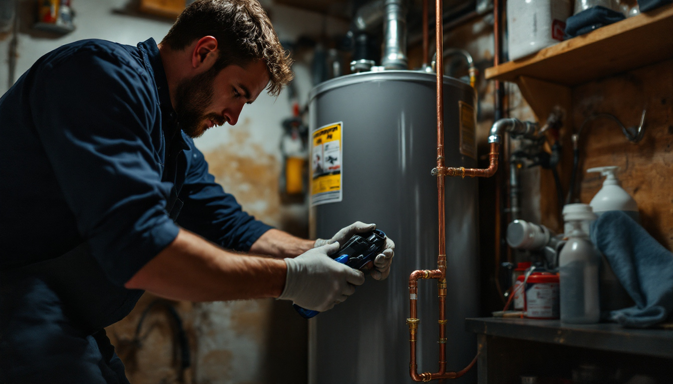 A plumber connecting copper water lines to a new residential storage water heater