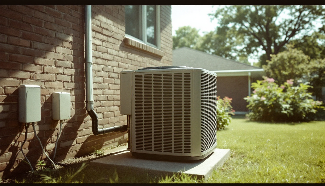 A central air conditioning condensing unit on a concrete pad beside a brick house